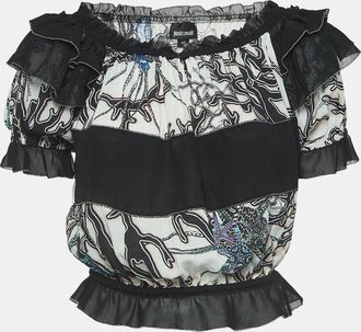 Just Cavalli White/black Printed Crepe Ruffled Off-Shoulder Crop Top