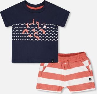 Deux par Deux Organic Cotton T-Shirt and Stripes Short Set in Blue And Brick Stripes at Nordstrom, Size 12M