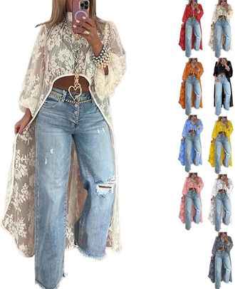 Generic Womens High Neck Lace Short Front and Long Back Casual Top, 2025 Long Hem Floral Embroidery See-Through Cover-Up (Apricot,l)