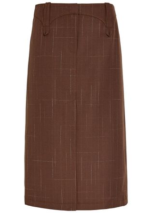 Tory Burch Subtle-check Wool-blend Midi Skirt - Brown - 10 (UK14 / L)