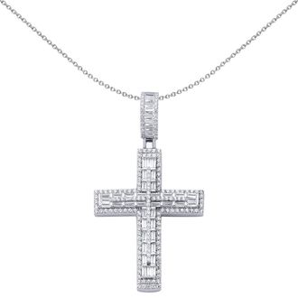 Jewelco London Sterling Silver Baguette CZ 3 Tier Brick Art Deco Cross Pendant - APX037