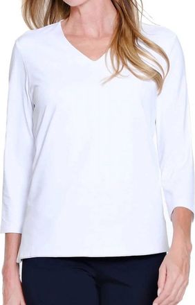 Multiples 3/4 Sleeve V-Neck Top In White/peri