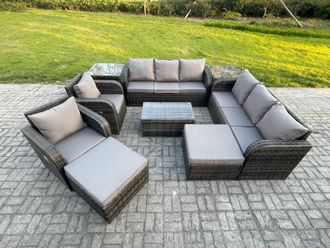 Fimous 10 Seater Rattan Outdoor Garden Furniture Sofa Set Patio Table & Chairs Set with 3 Seater Sofa Reclining Chair 2 Big Footstool 2 Side Tables