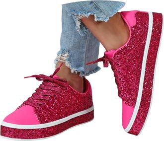 Generic Womens Casual Shoes for Women - Stylish Lace Up Glitter Casual Sneakers with Comfortable Fit and Timeless Temperament for Everyday Wear (5.5) Hot Pink