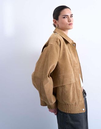 Topshop Bomber oversize in camoscio sintetico color cuoio-Marrone