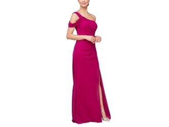 Alex Evenings Long Mesh with One Cold Shoulder Sleeve Womens Dress Magenta : 14, Polyester