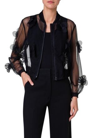 Akris Taida Poppy Appliqué Sheer Bomber Jacket in Black at Nordstrom, Size 4