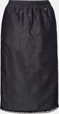 Prada Lace-trimmed cotton and linen midi skirt