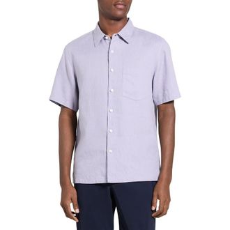 Theory Irving Solid Short Sleeve Linen Button-Up Shirt in Gray Lilac at Nordstrom, Size Xx-Large