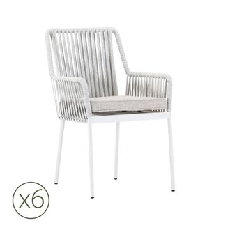 Kerama Pack de 6 sillas de jardin de aluminio blanco y cuerda gris con coj&iacute;n