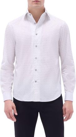 Bugatchi Axel Geo Print Shaped Fit Stretch Cotton Button-Up Shirt in Platinum at Nordstrom, Size Xxx-Large
