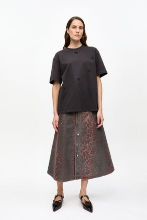 Ganni Leopard Foil Skirt in Racing Red Size 10 Organic Cotton Womens