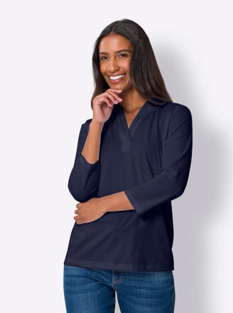 Heine Poloshirt HEINE Poloshirt, Damen, Gr. 36, blau (marine), 95% Baumwolle, 5% Elasthan, Webware:100% Baumwolle, unifarben, V-Ausschnitt, Shirts Poloshirt