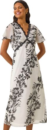 Roman Womens Lace Trim V-Neck Chiffon Midi Dress - White - Size 10 UK