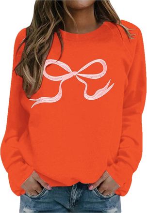 Generic Sweatshirts Round Neck Sweatshirt Womens Cute Bow Pattern Sweatshirt Long Sleeved Pullover Sweater Bow Sweater Top (Orange, M)