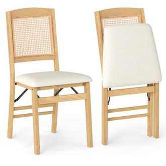 Costway Folding Dining Chairs Set of 2 Rubber Wood with Linen Padded Seat Rattan Backrest Indoor Use, Brown