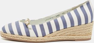 Ferragamo Blue/white Striped Fabric Audrey Wedge Espadrille Pumps