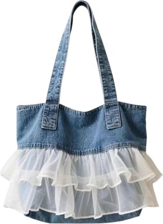 Generic Womens Hobo Tote Bag, Denim Shoulder Bag with Tulle Lace, Comfortable Double Shoulder Strap Design, Suitable for Daily Outings, Shopping and Commutes 