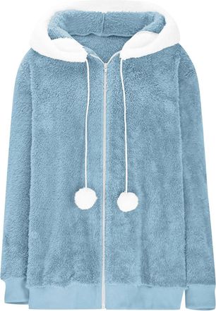 Generic Fleece Jacket Women,Warm Soft Teddy Hooded Fluffy Jackets Full Zipper Long Sleeve Overcoat with Pocket Ladies Plus Size Wool Coats Thick Warm Sherpa L
