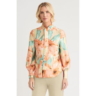 Misook Floral Printed Crepe de Chine Blouse in Sunglow/mystic Green at Nordstrom, Size Xx-Large