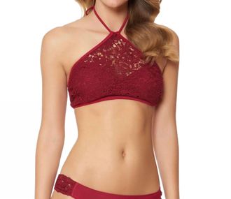 Jessica Simpson Flower Power Crochet High Neck Halter Bikini Top In Spice