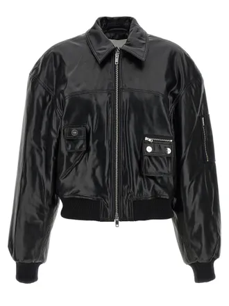 Ganni Leather-Effect Bomber Jacket - black