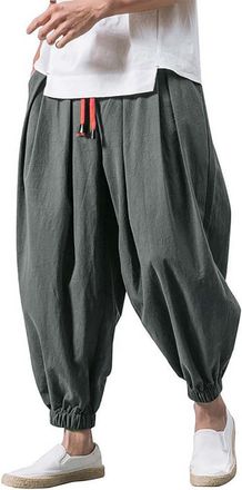 Generic Harem Trousers Mens Linen Japanese Linen Trousers Plain Colours Loose Leisure Trousers Yoga Trousers with Drawstring Pockets Men Dungarees Cropped Pan