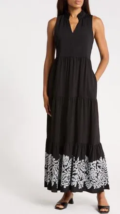 Halogen Sleeveless Tiered Maxi Dress in Rich Black at Nordstrom Rack, Size X-Large
