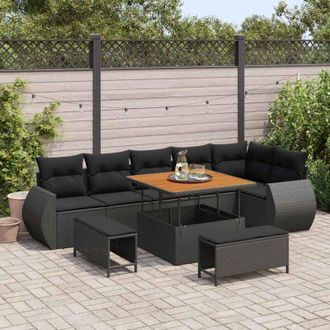 vidaXL Conjunto De Sof&aacute; De Jard&iacute;n 9 Pcs Negro Rattan De Poli&eacute;ster