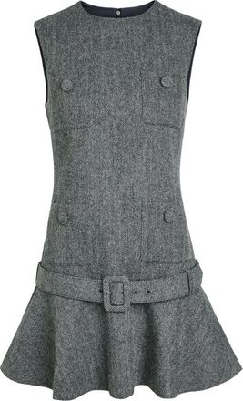 Self Portrait Herringbone Belted Wool-blend Mini Dress - Grey - 16 (UK16 / XL)