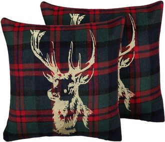Beliani Set of 2 Decorative Cushions RUDOLPH 45 x 45 cm Red Green Gold Blue Black Christmas Motif
