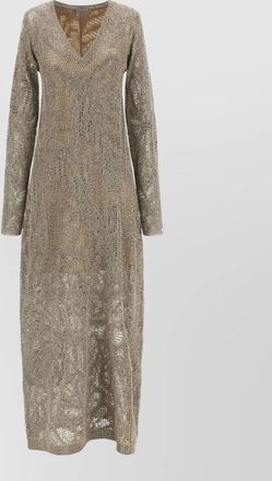 Brunello Cucinelli linen knit sequin v-neck long-sleeve maxi dress