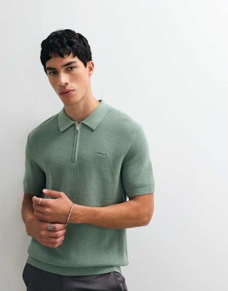 GANT Polo in cotone a coste verde menta con zip corta