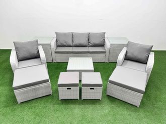 Fimous PE Rattan Lounge Sofa Set with Coffee Table 3 Seater Sofa in Light Grey