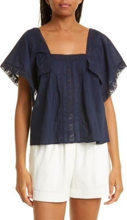 Rebecca Taylor Lace Inset Cotton Top in Marine Blue at Nordstrom Rack, Size X-Small