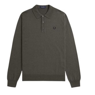 Fred Perry Effen Veldgroene Gebreide Polo Met Lange Mouwen