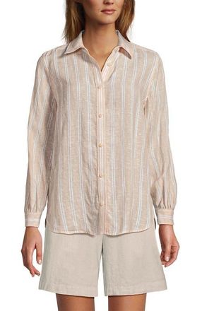 Lands End Linen Long Sleeve Feminine Shirt in Champagne/white Double Stripe at Nordstrom, Size X-Large
