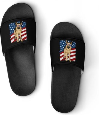 Generic German Shepherd Dog U.S. Flag Shower Shoes Slipper for Women Men Beach Slippers Quick Drying Non Slip Open-Toe Sandals