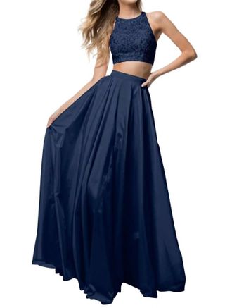 Sherri Hill Two-Piece Lace Appliqued Prom Dress In Navy