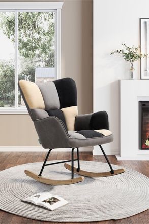H&O Direct Patchwork Tufted Linen Upholstered Rocking Chair