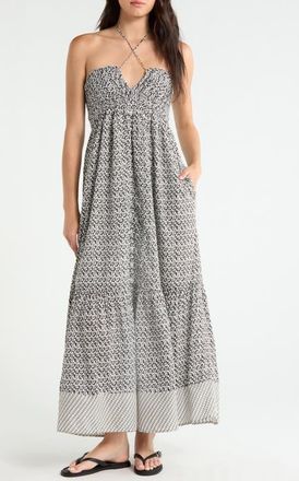 Elan Strapless Border Print Tiered Maxi Dress in Black Zina at Nordstrom, Size X-Small