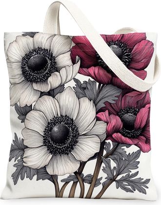 Generic Spring Anemones Flower Canvas Tote Bag for Shopping 13x15, Simple Cute Florals Plant Reusable Grocery Print Pattern Bag for Women, Botanical Beach Aes