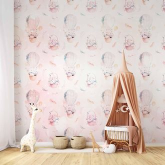 OEM Fotomural - Dise&ntilde;o Liso Con Plumas - Conejitos En Una Cesta Y En Un Globo Para Ni&ntilde;os