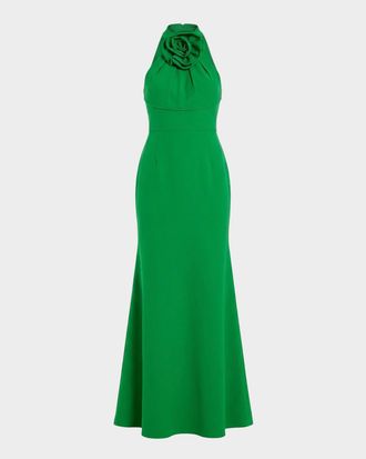 Mac Duggal Rosette Halter-Neck Trumpet Gown