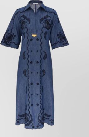 Zimmermann denim midi dress paisley embroidery neckline