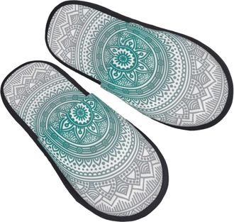 Generic Women Men Slippers Grey And Teal Mandala House Slippers Plush Fleece Lined Bedroom Slipper Deluxe Indoor Shoes For Travel Outdoor Spa L