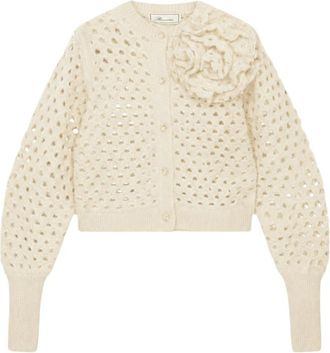 Blumarine Openwork Wool Cardigan with Handcrafted 3D Rose - Dames - Vesten - Beige - XS - Wol - Truien & Vesten