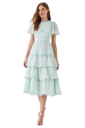 Coast Flutter Sleeve Tiered Lace Dress in Sage at Nordstrom, Size 14