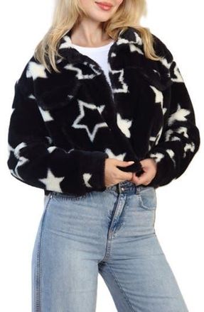 Stoosh Printed Faux Fur Trucker Jacket in Black/White Star at Nordstrom Rack, Size X-Large