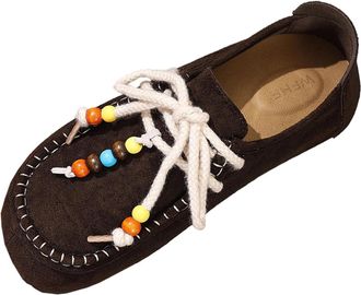 Generic Flat Shoes for Women Wide Fit Casual Walking Shoe Faux Suede Stylish Ethnic Style Comfortable Breathable Lace Up Shoes Work Leisure Brown